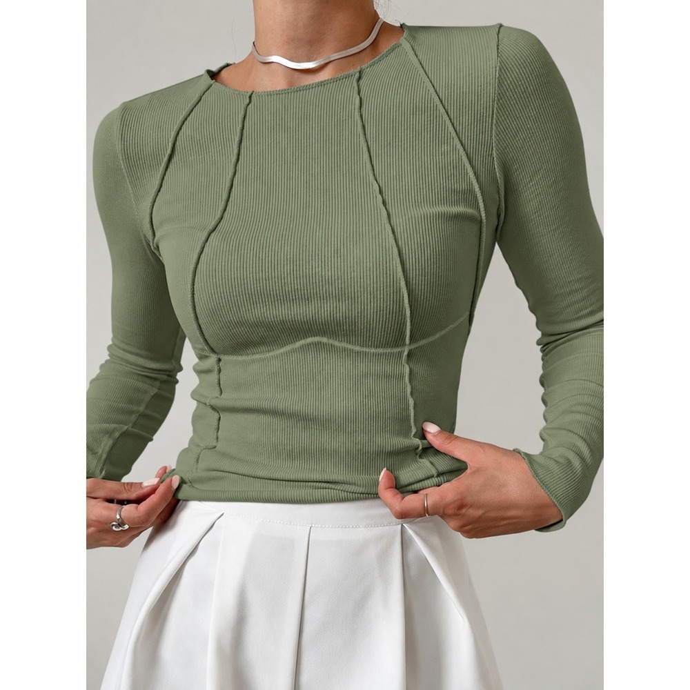 COMMENSE Basic Piping Ribbed Long Sleeve Top Sage Green Size M US 6 NWT